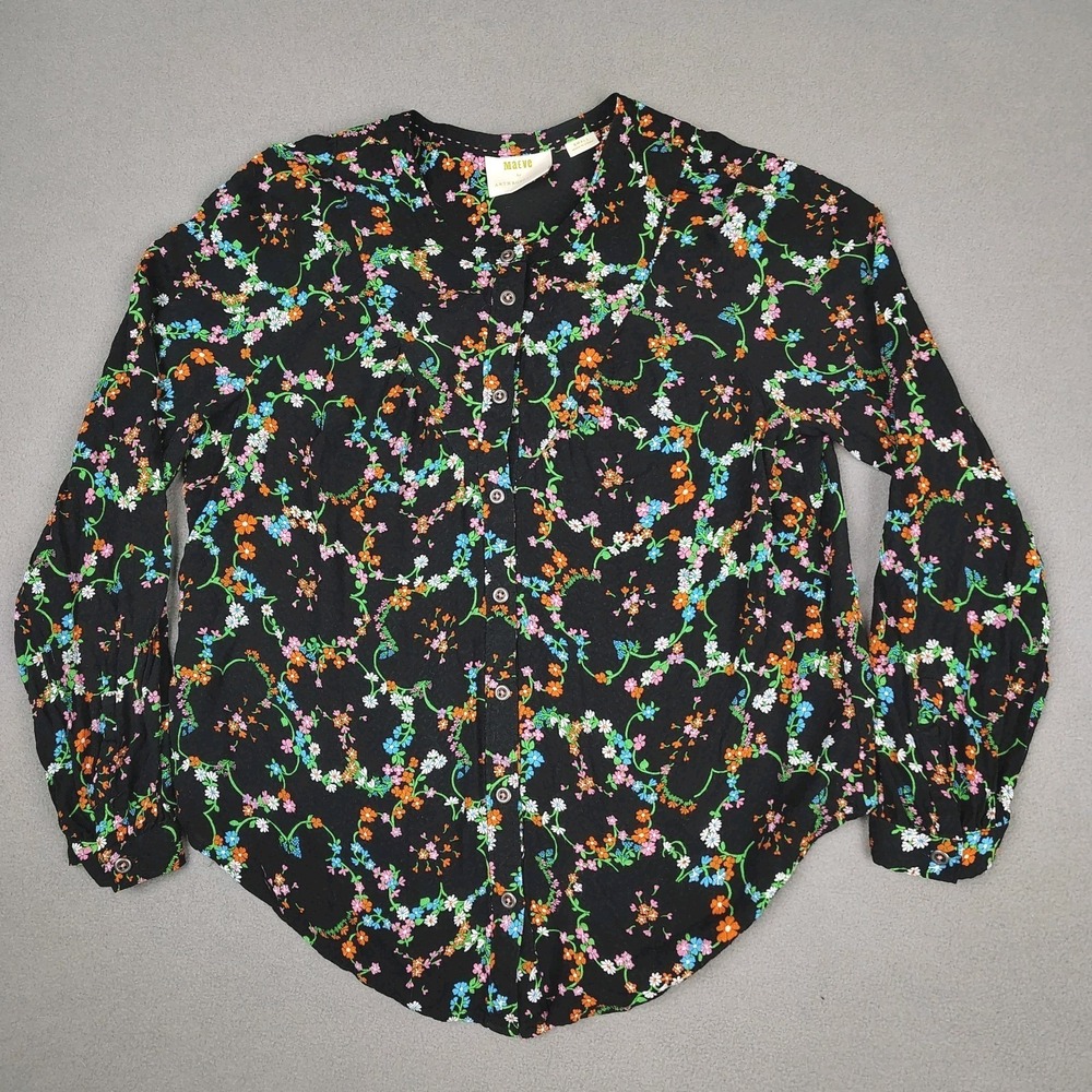 Maeve Anthropologie Long Sleeve Floral Blouse Women Small Black Relaxed Fit EC